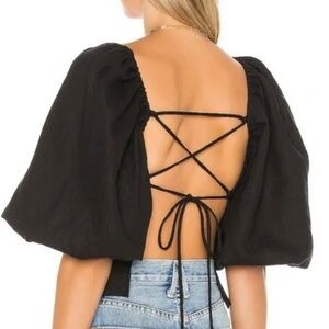 LPA REVOLVE Alice Top in Black Puff Sleeve Blouse Open Back Tie Cropped XS